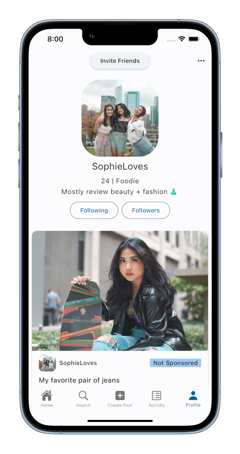Screenshot of the Pikelane app profile page for SophieLoves with a photo of her with friends, a description '24 | Foodie, Mostly review beauty + fashion' and her newest post 'My favorite pair of jeans'.