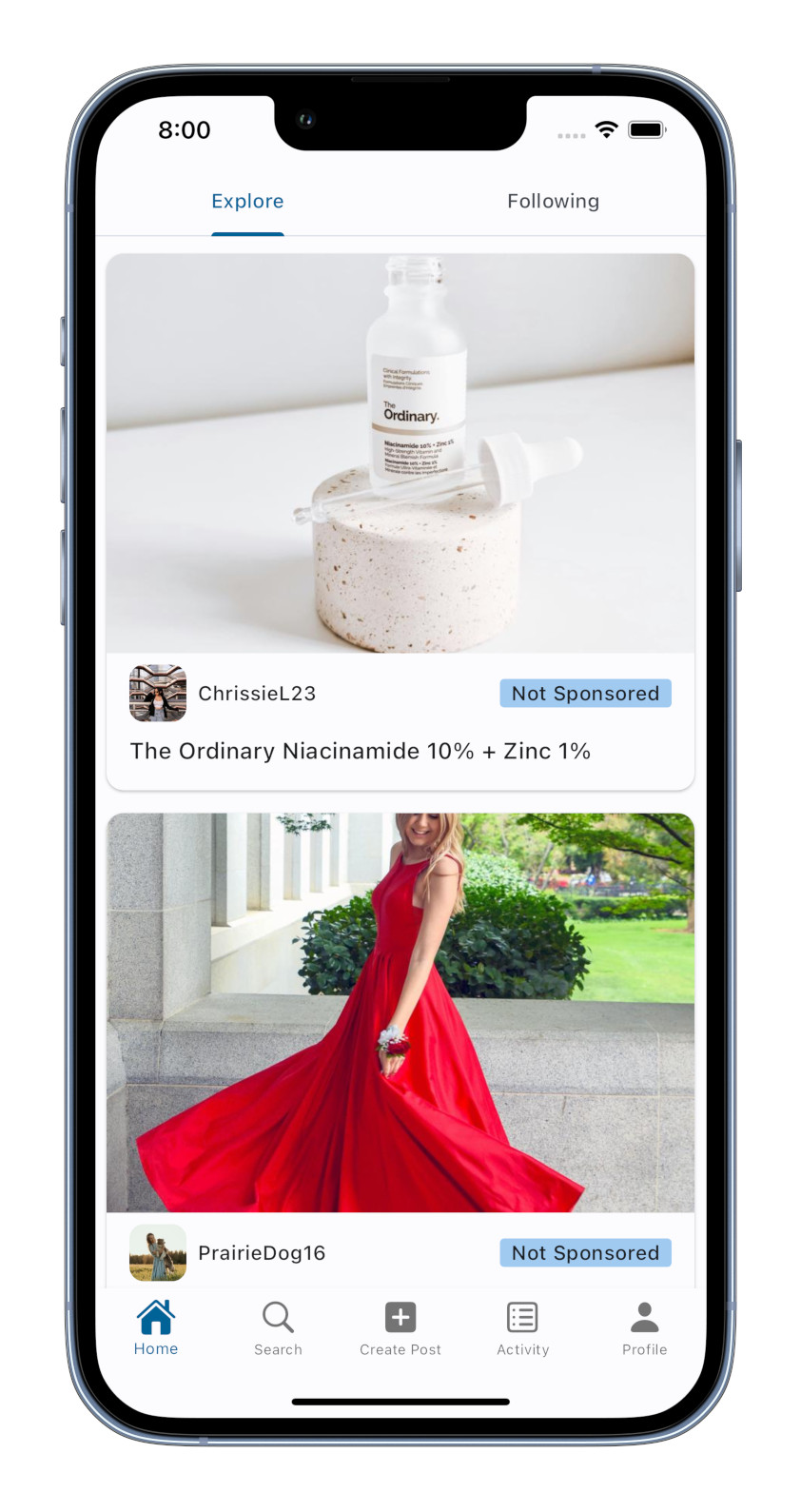 Screenshot of the Pikelane app explore feed page with 2 posts, a photo of a serum 'The Ordinary Niacinamide 10% + Zinc 1%', and a photo of a red evening dress with the title not visible.