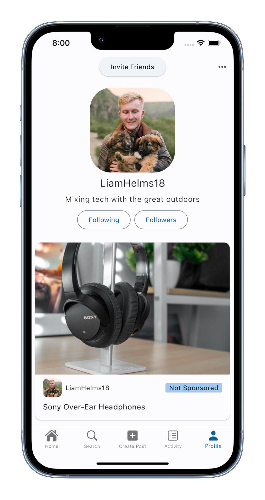 Screenshot of the Pikelane app profile page for LiamHelms18 with a photo of him holding 2 puppies, a description 'Mixing tech with the great outdoors' and his newest post 'Sony Over-Ear Headphones'.